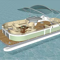 Relaxing Pontoon Boat With Blue Canopy And People Enjoying Activities On Water