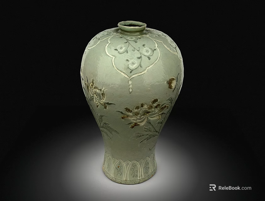 Traditional Celadon Green Ceramic Vessel With Floral Carved Patterns And Classic Design 3d model 