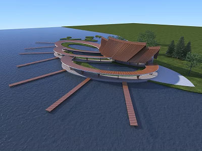 Scenic Waterfront Landscape With Curved Roof Structure Wooden Walkways And Green Lawn 3d model