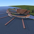 Scenic Waterfront Landscape With Curved Roof Structure Wooden Walkways And Green Lawn