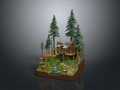 3D Model of Treehouse Scene With Tall Pine Trees Small Waterfall and Wooden Platforms 3d model