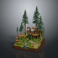 3D Model of Treehouse Scene With Tall Pine Trees Small Waterfall and Wooden Platforms
