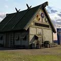 Medieval Building With Thatched Roof Stone Walls Shields Axe Barrels And Flag