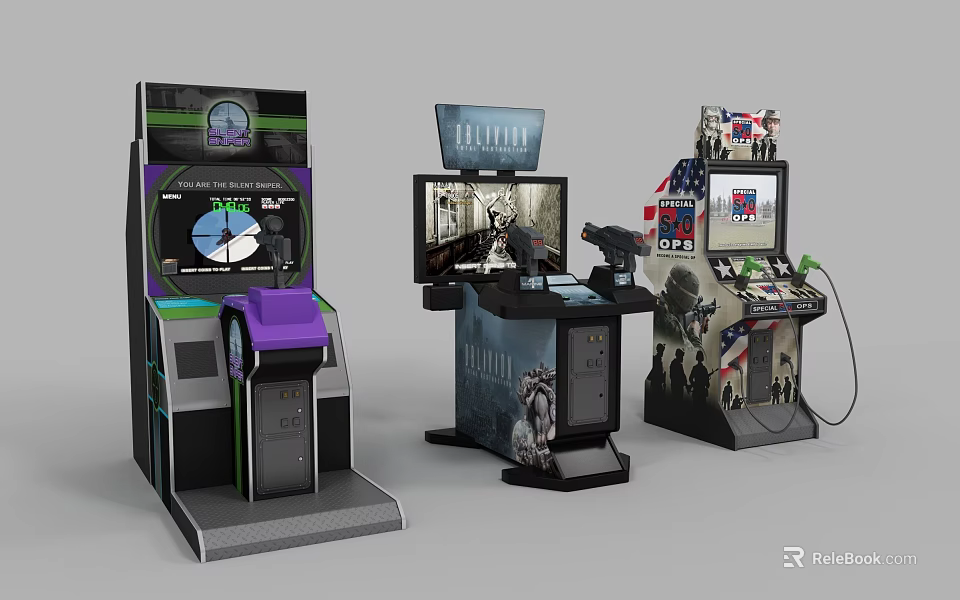 Arcade Gaming Entertainment Machines With Multiple Screens Controllers And Diverse Designs 3d model 