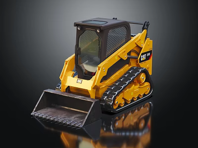 Yellow CAT Tracked Skid Steer Loader With Front Bucket On Black Surface 3d model