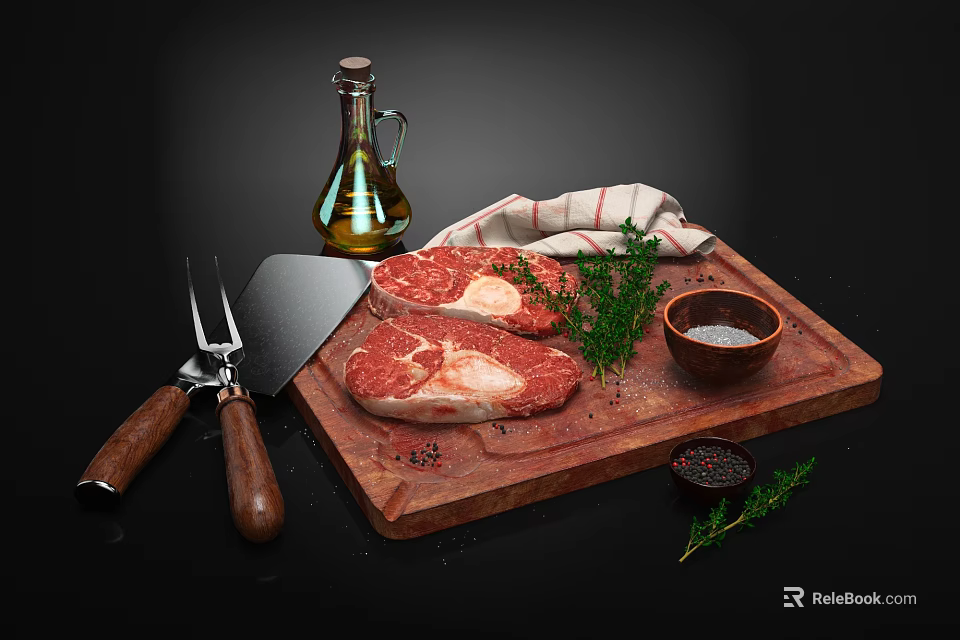 Fresh Raw Steak on Wooden Cutting Board with Olive Oil Thyme Salt Pepper and Utensils 3d model 