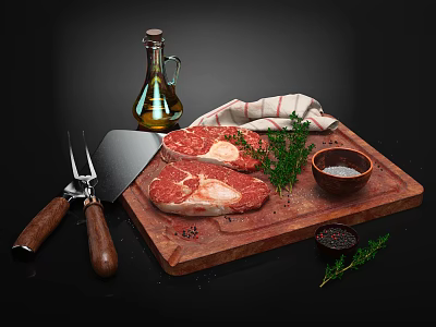 Fresh Raw Steak on Wooden Cutting Board with Olive Oil Thyme Salt Pepper and Utensils 3d model