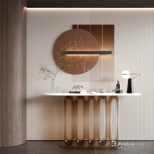 Modern Console Table With Round Mirror Wall Lamp Green Plant And Decorative Items 3d model