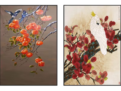 Decorative Paintings With Persimmons Birds Red Blossoms And White Parrot 3d model