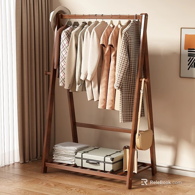 Stylish Clothes Hanging On Wooden Rack With Folded Items And Suitcase In Cozy Indoor Setting 3d model 
