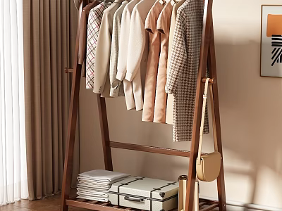 Stylish Clothes Hanging On Wooden Rack With Folded Items And Suitcase In Cozy Indoor Setting 3d model
