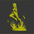 Pink Haired Female Character In Red Yellow Outfit With Flame Creature On Red Base