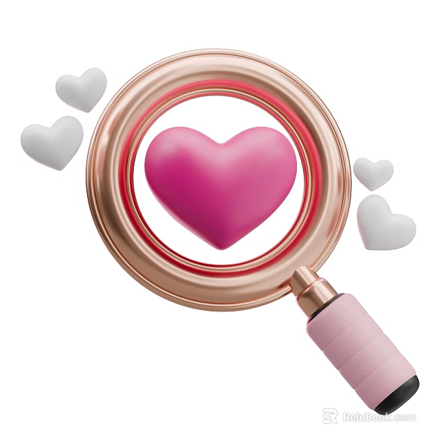 Decorative Ornament Set Featuring Rose Gold Magnifying Glass Pink Heart And White Hearts 3d model 