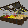 Various Fresh Colorful Fruits Neatly Displayed on Market Display Shelves