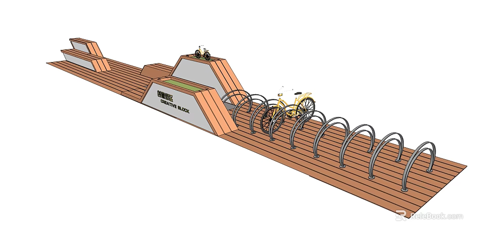 Comfortable Outdoor Chair On Wooden Deck With Bicycle Parking Rack 3d model 