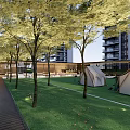 Modern Residential Landscape with High Rise Buildings Green Lawn Tents Wooden Walkway and Water Feature
