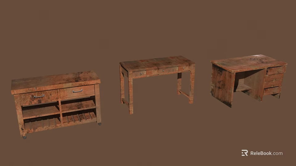 Vintage Rustic Wooden Furniture Set Featuring Drawers Shelves And Table Designs 3d model 