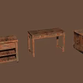Vintage Rustic Wooden Furniture Set Featuring Drawers Shelves And Table Designs
