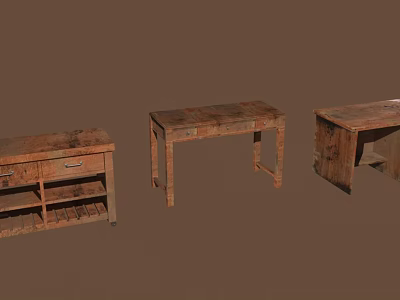 Vintage Rustic Wooden Furniture Set Featuring Drawers Shelves And Table Designs 3d model