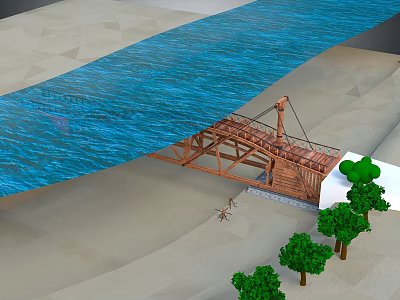 Wooden Bridge Over Blue River With Sandy Banks And Green Trees 3d model