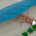 Wooden Bridge Over Blue River With Sandy Banks And Green Trees
