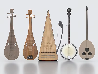 Traditional String Musical Instruments Display Various Wooden Lute Banjo Dulcimer Designs 3d model