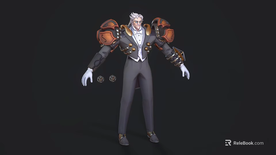 White Haired Sci Fi Character With Mechanical Shoulder Armor And Formal Suit Design 3d model