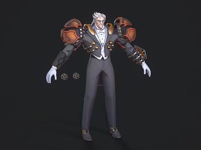 White Haired Sci Fi Character With Mechanical Shoulder Armor And Formal Suit Design 3d model