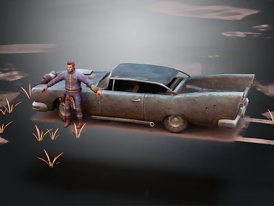 Rusty Vintage Car With Man Standing Beside In Deserted Area With Dry Weeds 3d model