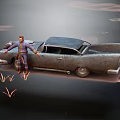 Rusty Vintage Car With Man Standing Beside In Deserted Area With Dry Weeds