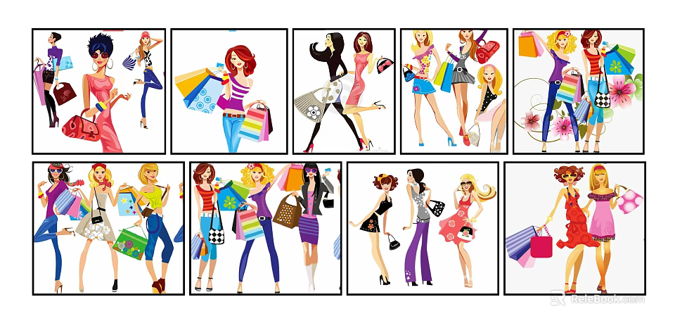 Cartoon Style Female Character Illustrations Featuring Fashionable Outfits Shopping Bags And Various Poses 3d model 