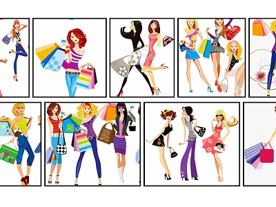 Cartoon Style Female Character Illustrations Featuring Fashionable Outfits Shopping Bags And Various Poses 3d model