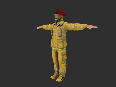 Man in Yellow Firefighter Uniform with Red Helmet and Outstretched Arms 3d model