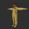 Man in Yellow Firefighter Uniform with Red Helmet and Outstretched Arms