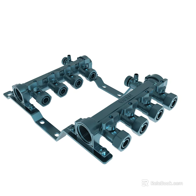 Black Pipeline Manifold With Multiple Ports And Metal Bracket Structure 3d model 