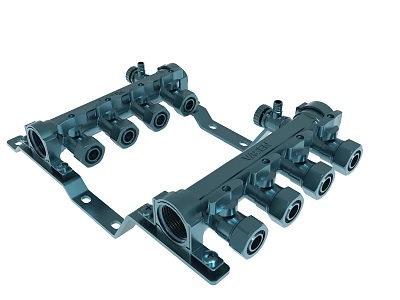 Black Pipeline Manifold With Multiple Ports And Metal Bracket Structure 3d model