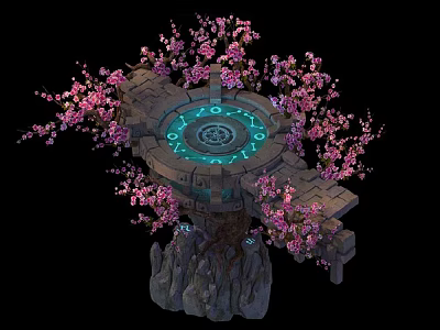 Cherry Blossom Themed Food Display On Stone Platform With Blue Glowing Symbols 3d model