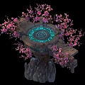 Cherry Blossom Themed Food Display On Stone Platform With Blue Glowing Symbols