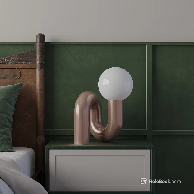 Modern Copper U Shaped Table Lamp On Bedroom Nightstand With Green Wall Backdrop 3d model 