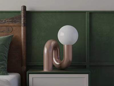 Modern Copper U Shaped Table Lamp On Bedroom Nightstand With Green Wall Backdrop 3d model