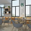 Cozy Reading Space Interior With Large Windows Bookshelves Tables Chairs And Calligraphy Art
