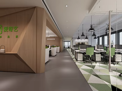 Modern Public Office Space With Open Layout Green Chairs And Hanging Lamps 3d model