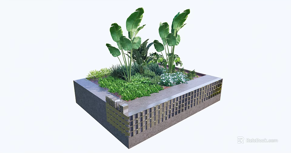 Garden Tree Planter With Brick Stone Structure And Lush Green Plants 3d model