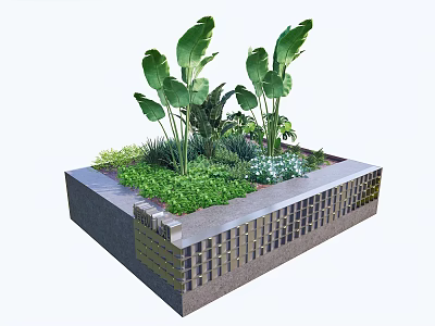 Garden Tree Planter With Brick Stone Structure And Lush Green Plants 3d model