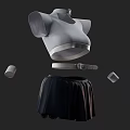 Gray High Neck Short Sleeved Cropped Top with Black Pleated Skirt Belt and Arm Sleeves