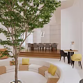 Modern Casual Area Interior With Circular Seating Large Tree Orange Yellow Chairs And White Shelves