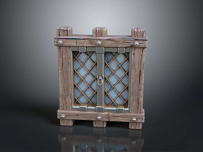 Wooden Storage Cabinet With Diamond Pattern Glass Doors And Metal Hardware 3d model