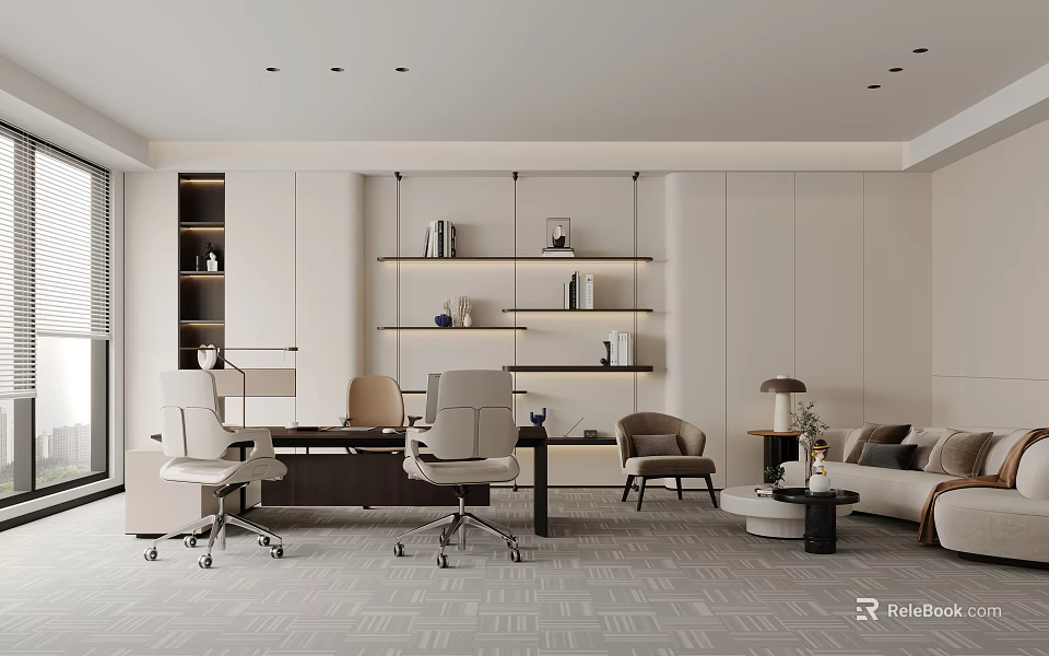 Modern Office Interior With Desk Wheeled Office Chairs Bookshelves Sofa And Geometric Carpet 3d model 