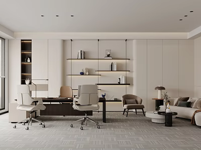 Modern Office Interior With Desk Wheeled Office Chairs Bookshelves Sofa And Geometric Carpet 3d model