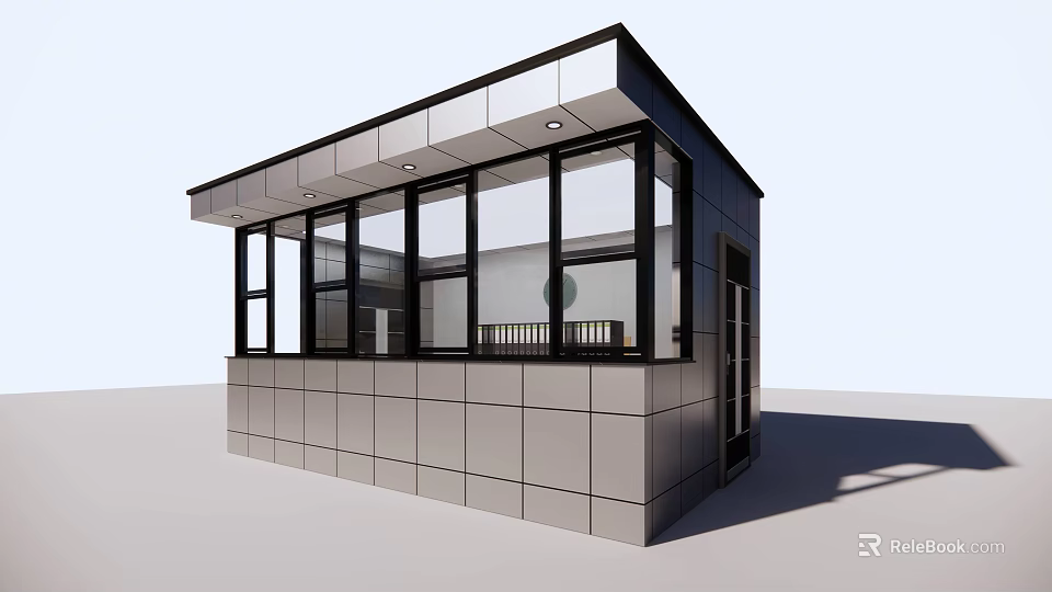 Modern Small Building With Large Glass Windows Black Frames And Gray Exterior Walls 3d model 